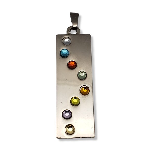 Silver Tone Rectangular Bar Multi Color Rhinestone Pendant - Picture 6 of 8